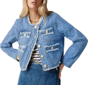 Ladyful Women's Cropped Denim Jacket Frayed Collarless Button Down Long Sleeve Pockets Jean Coat