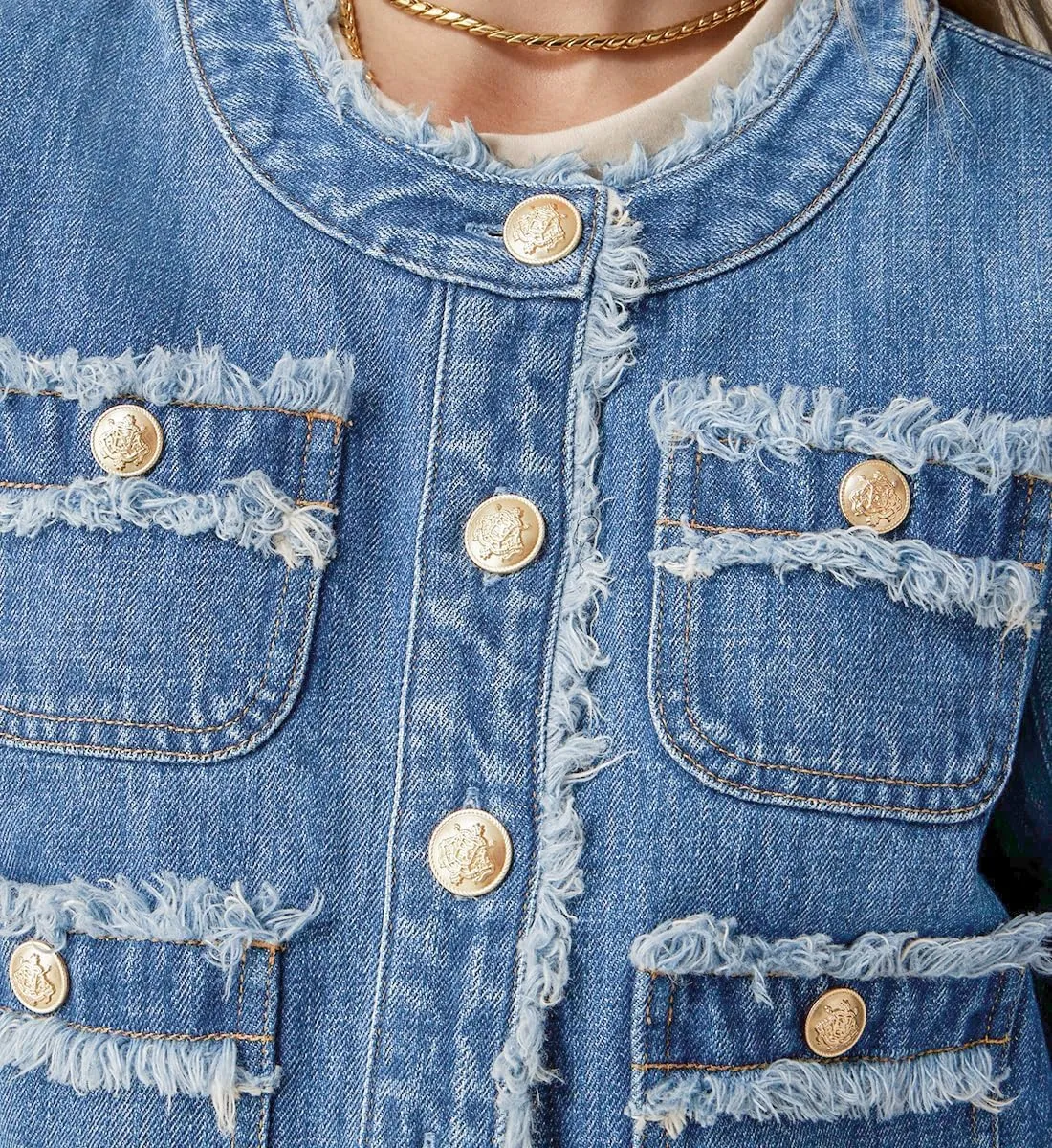 Ladyful Women's Cropped Denim Jacket Frayed Collarless Button Down Long Sleeve Pockets Jean Coat