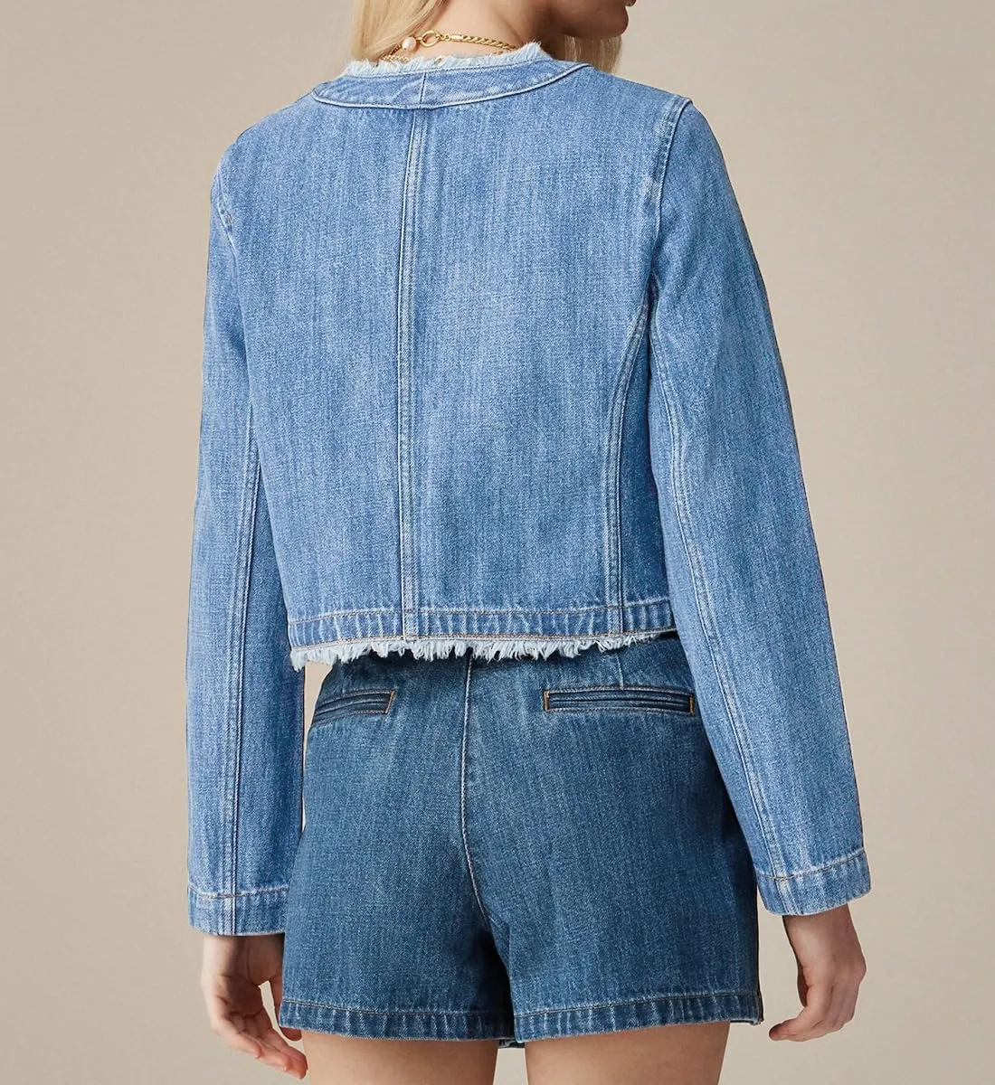Ladyful Women's Cropped Denim Jacket Frayed Collarless Button Down Long Sleeve Pockets Jean Coat