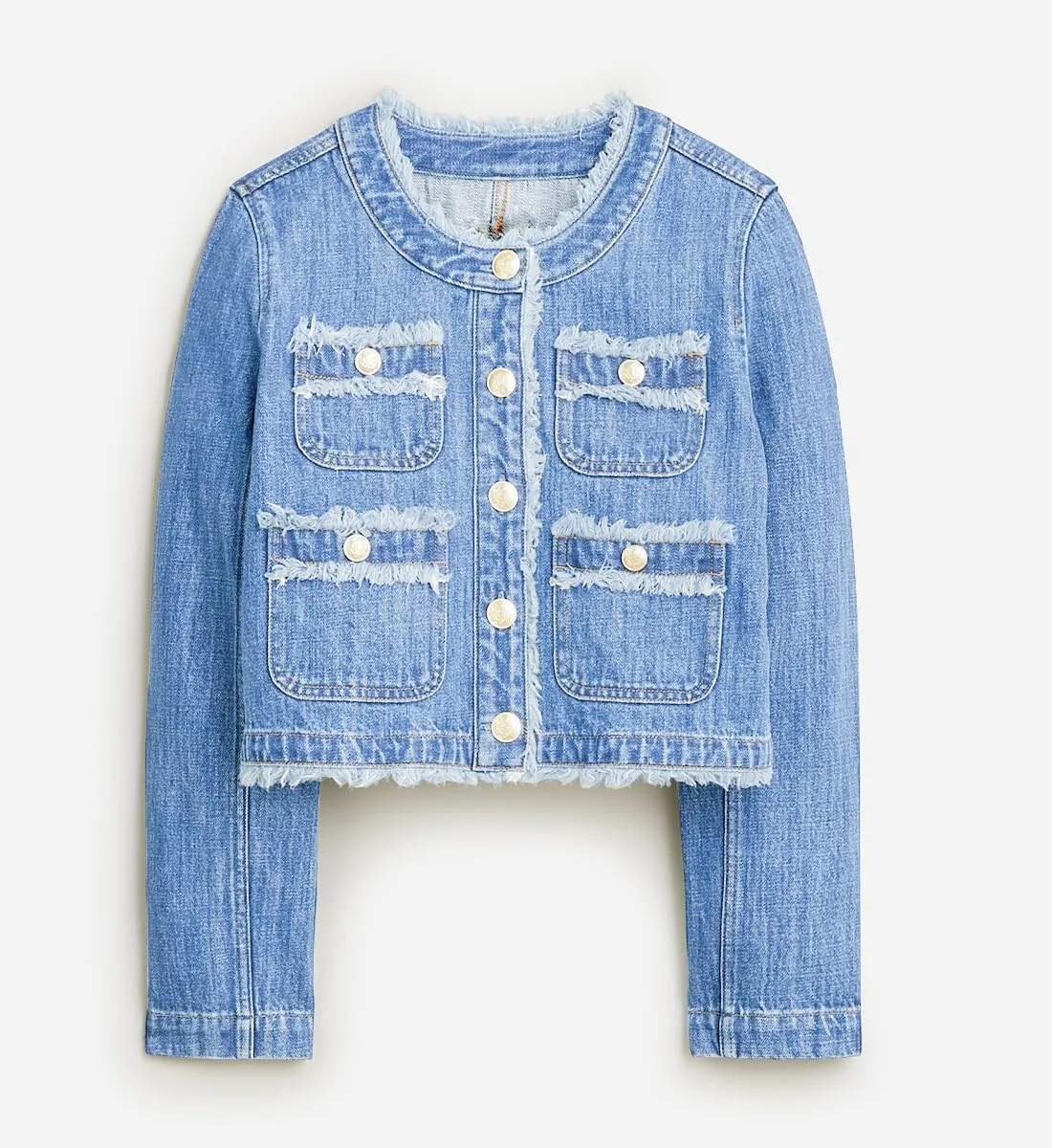 Ladyful Women's Cropped Denim Jacket Frayed Collarless Button Down Long Sleeve Pockets Jean Coat