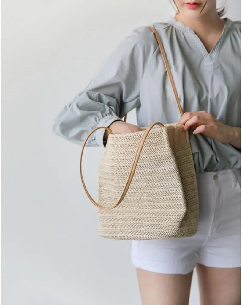 Large capacity Bag Straw Casual Weaving Fresh One-shoulder Ins Fresh Bucket Bag Handbag Women's Bag Ladies shoulder Bag