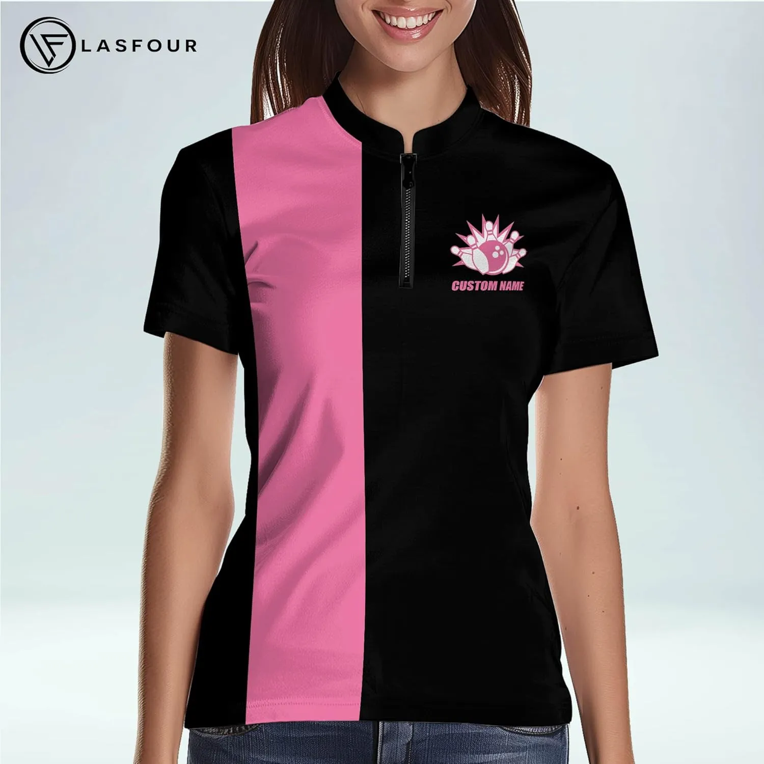 LASFOUR Personalized 3D Funny Heartbeat Pulse Line Pink Bowling Shirts for Women, Custom Bowling Jerseys Shirt for Women