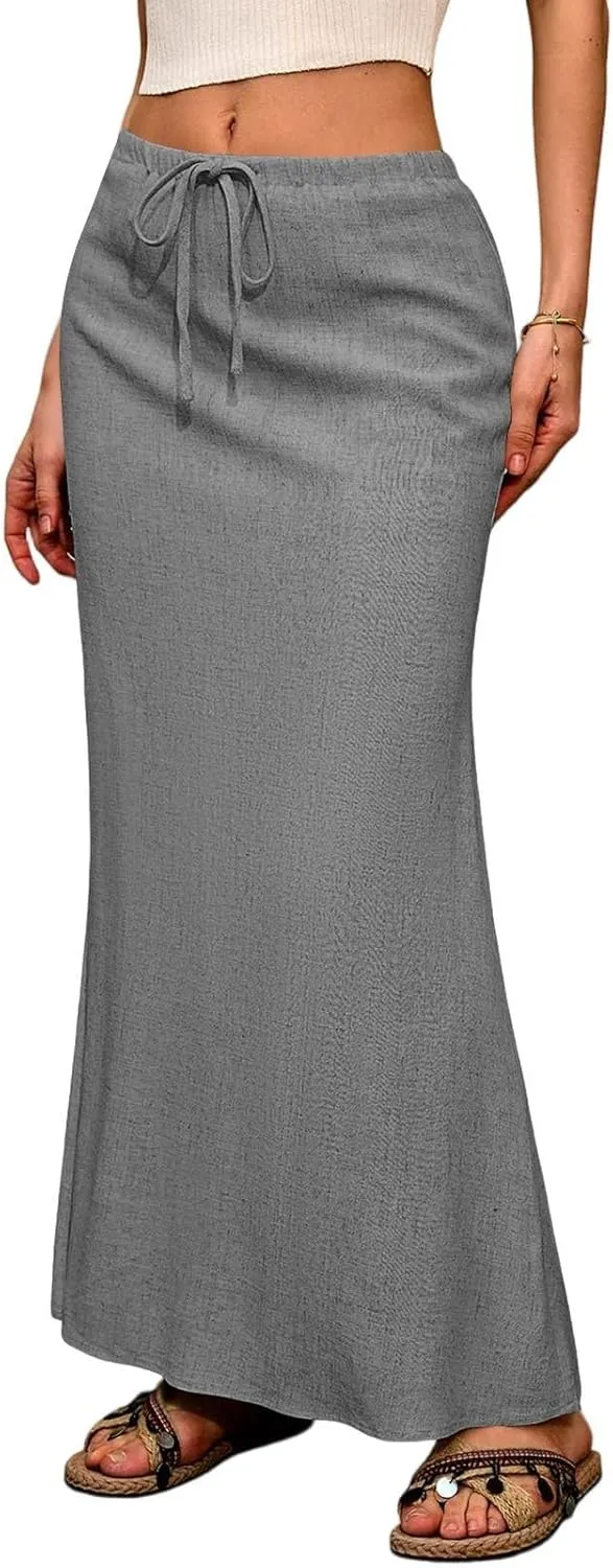Linen Skirts for Women Trendy Summer Boho Maxi Skirts with Back Slit Casual Elastic Waist Drawstring Long Flowy Skirt