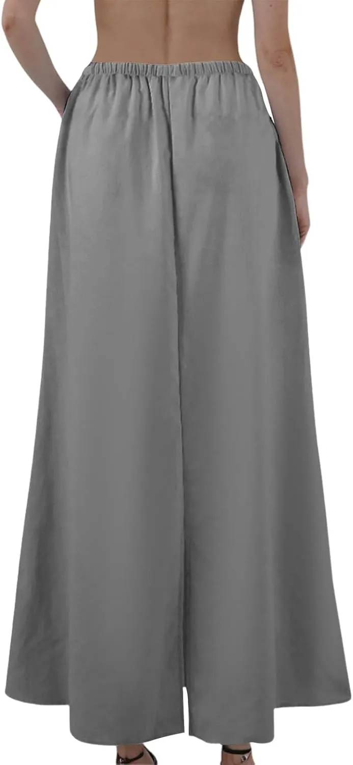 Linen Skirts for Women Trendy Summer Boho Maxi Skirts with Back Slit Casual Elastic Waist Drawstring Long Flowy Skirt