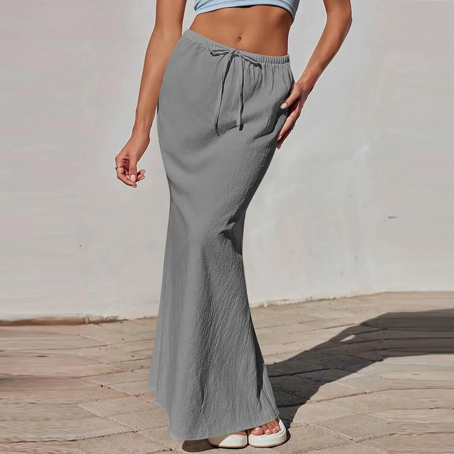 Linen Skirts for Women Trendy Summer Boho Maxi Skirts with Back Slit Casual Elastic Waist Drawstring Long Flowy Skirt