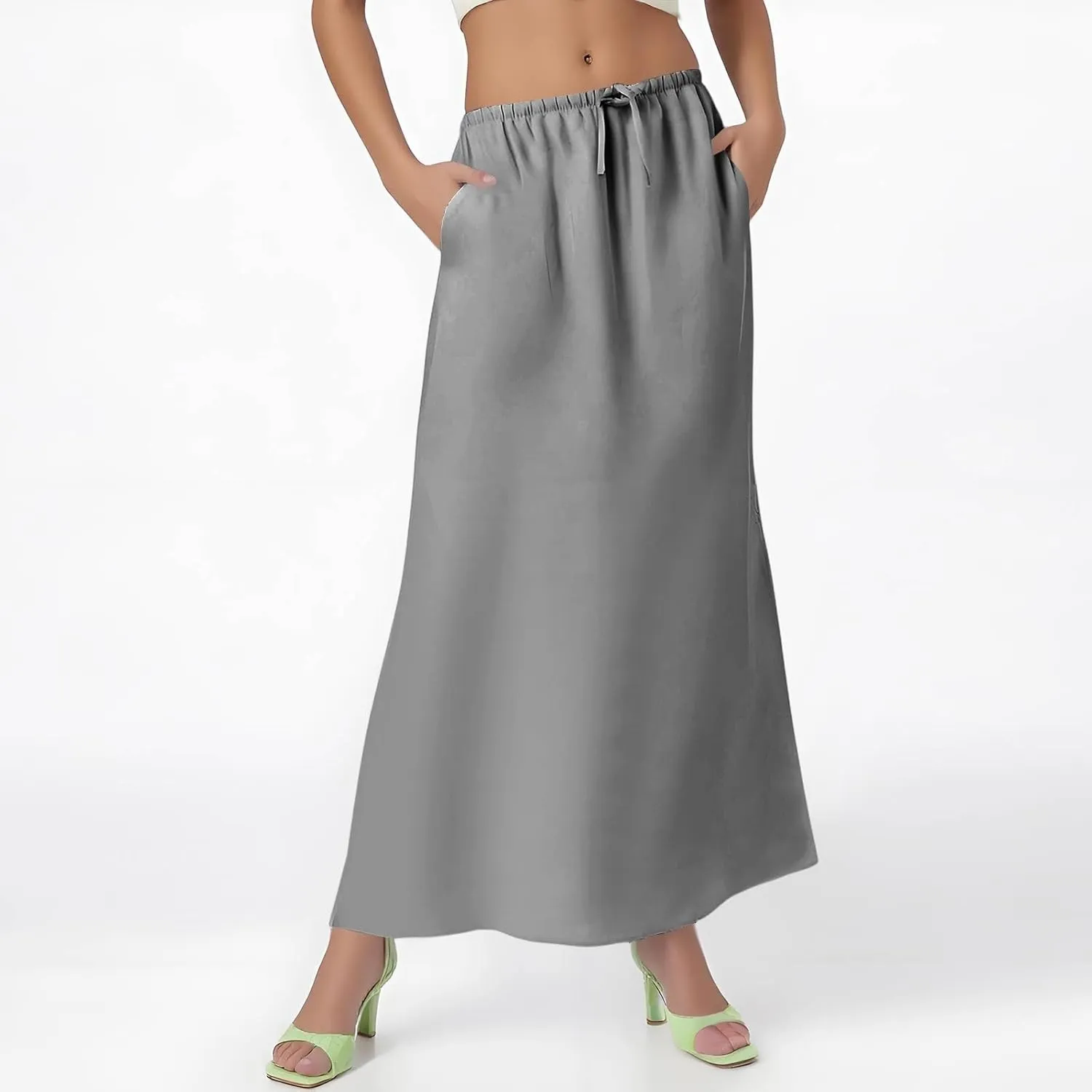 Linen Skirts for Women Trendy Summer Boho Maxi Skirts with Back Slit Casual Elastic Waist Drawstring Long Flowy Skirt