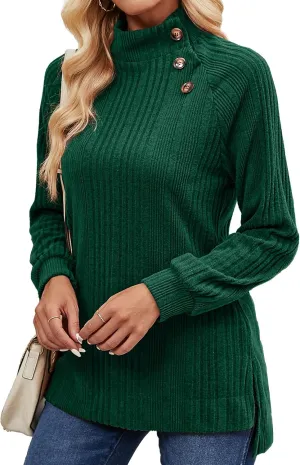LURANEE Womens Long Sleeve Tunic Tops Turtle Neck Sweater Light High Low Side Split Sweatshirt