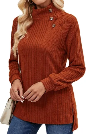 LURANEE Womens Long Sleeve Tunic Tops Turtle Neck Sweater Light High Low Side Split Sweatshirt