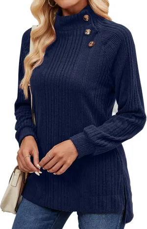 LURANEE Womens Long Sleeve Tunic Tops Turtle Neck Sweater Light High Low Side Split Sweatshirt