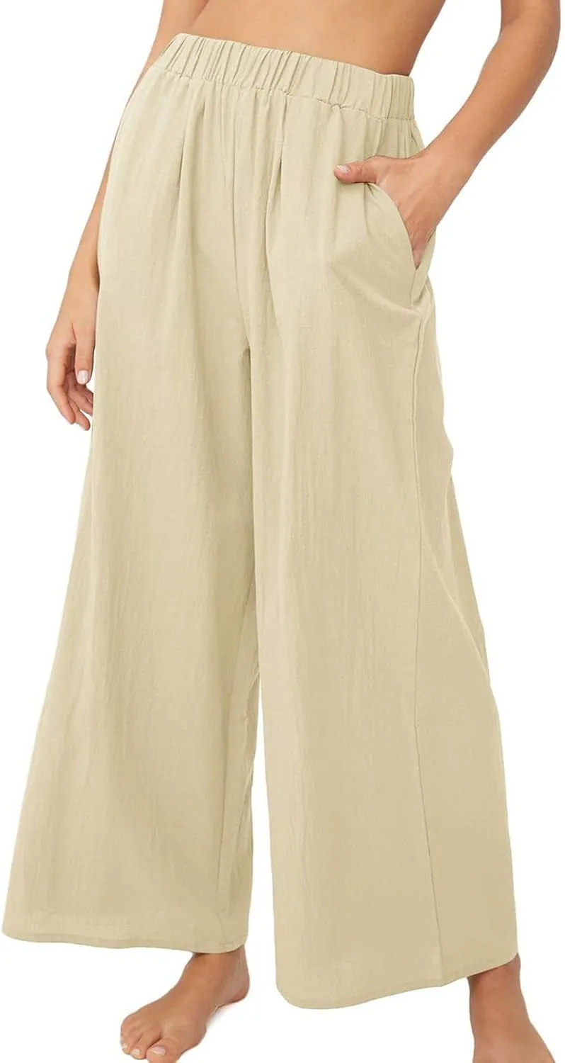 Lu's Chic Women's High Waisted Pants Wide Leg Trousers Beach Casual Palazzo Elastic Waist Casual