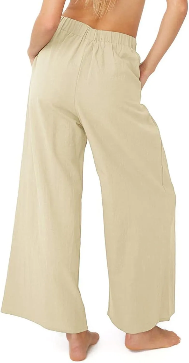 Lu's Chic Women's High Waisted Pants Wide Leg Trousers Beach Casual Palazzo Elastic Waist Casual
