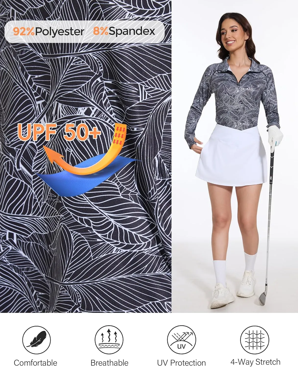 M MOTEEPI Long Sleeve Shirts for Women with Thumb Hole Quick-Dry Womens Golf Shirt Pullover UPF 50  Ladies Sun Shirts