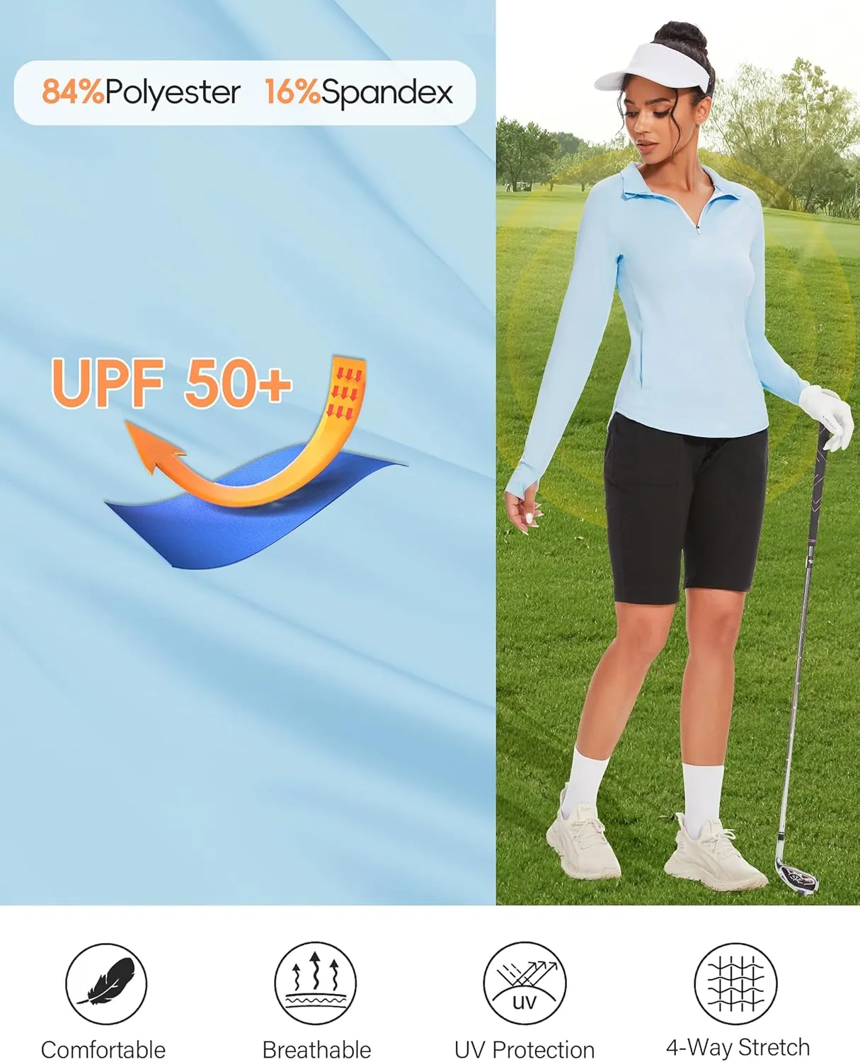 M MOTEEPI Long Sleeve Shirts for Women with Thumb Hole Quick-Dry Womens Golf Shirt Pullover UPF 50  Ladies Sun Shirts
