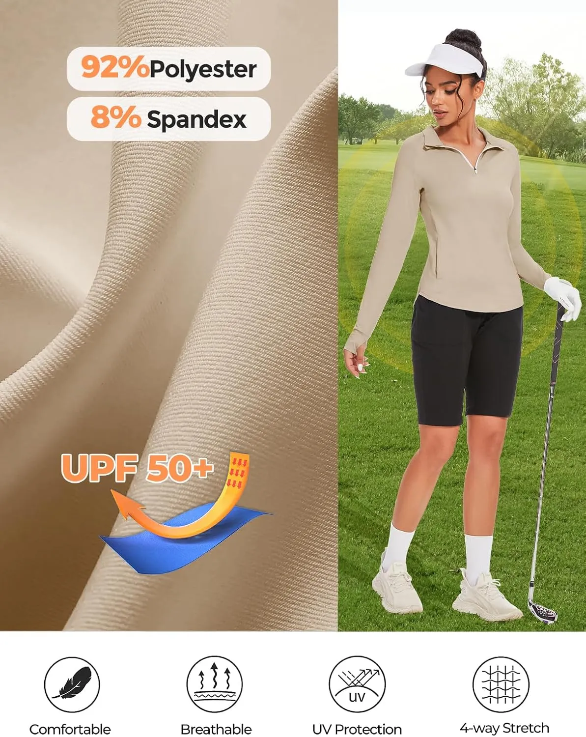 M MOTEEPI Long Sleeve Shirts for Women with Thumb Hole Quick-Dry Womens Golf Shirt Pullover UPF 50  Ladies Sun Shirts