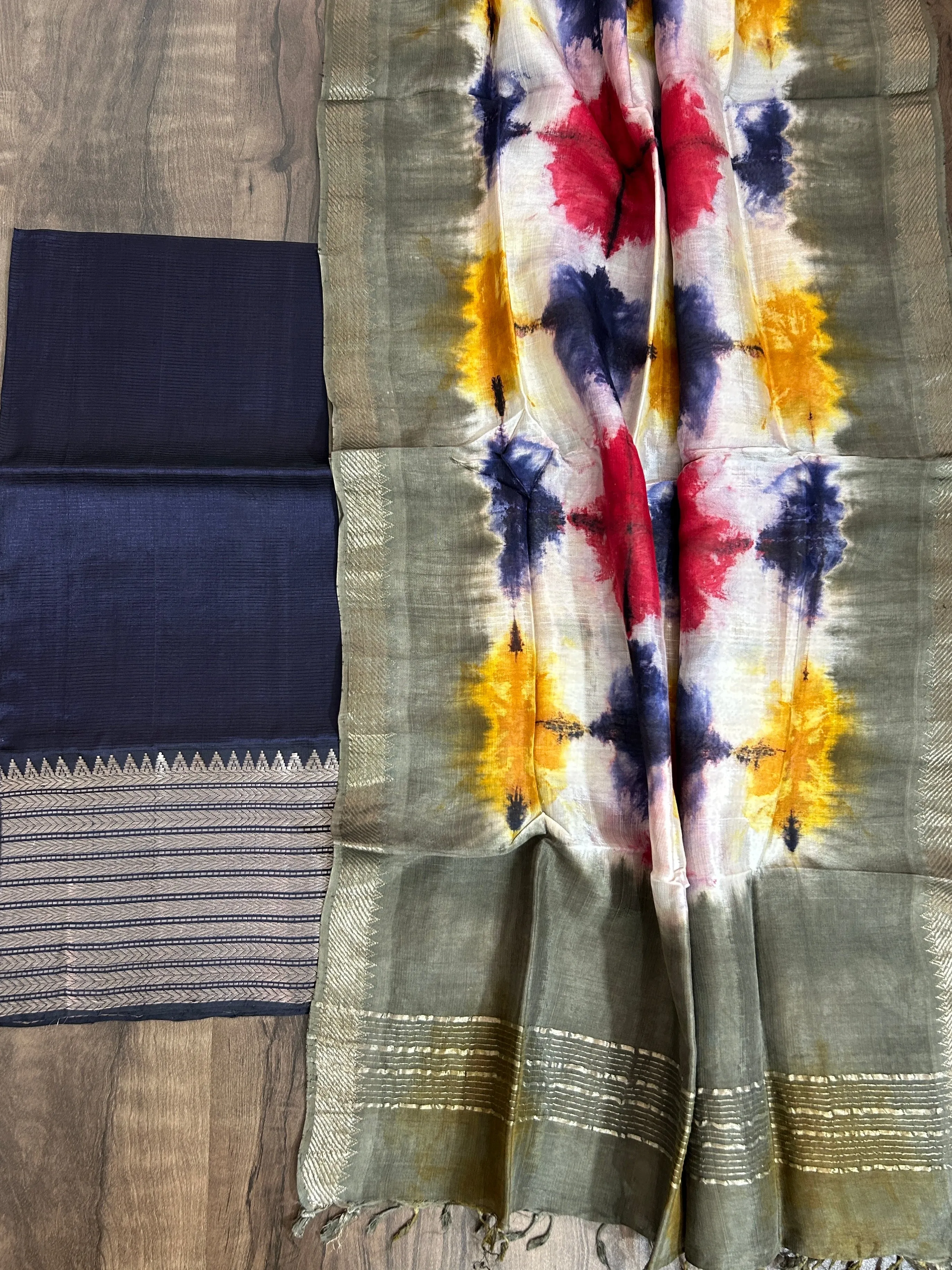 Mangalagiri Silk Cotton Dress Material with Shibori Dupatta #