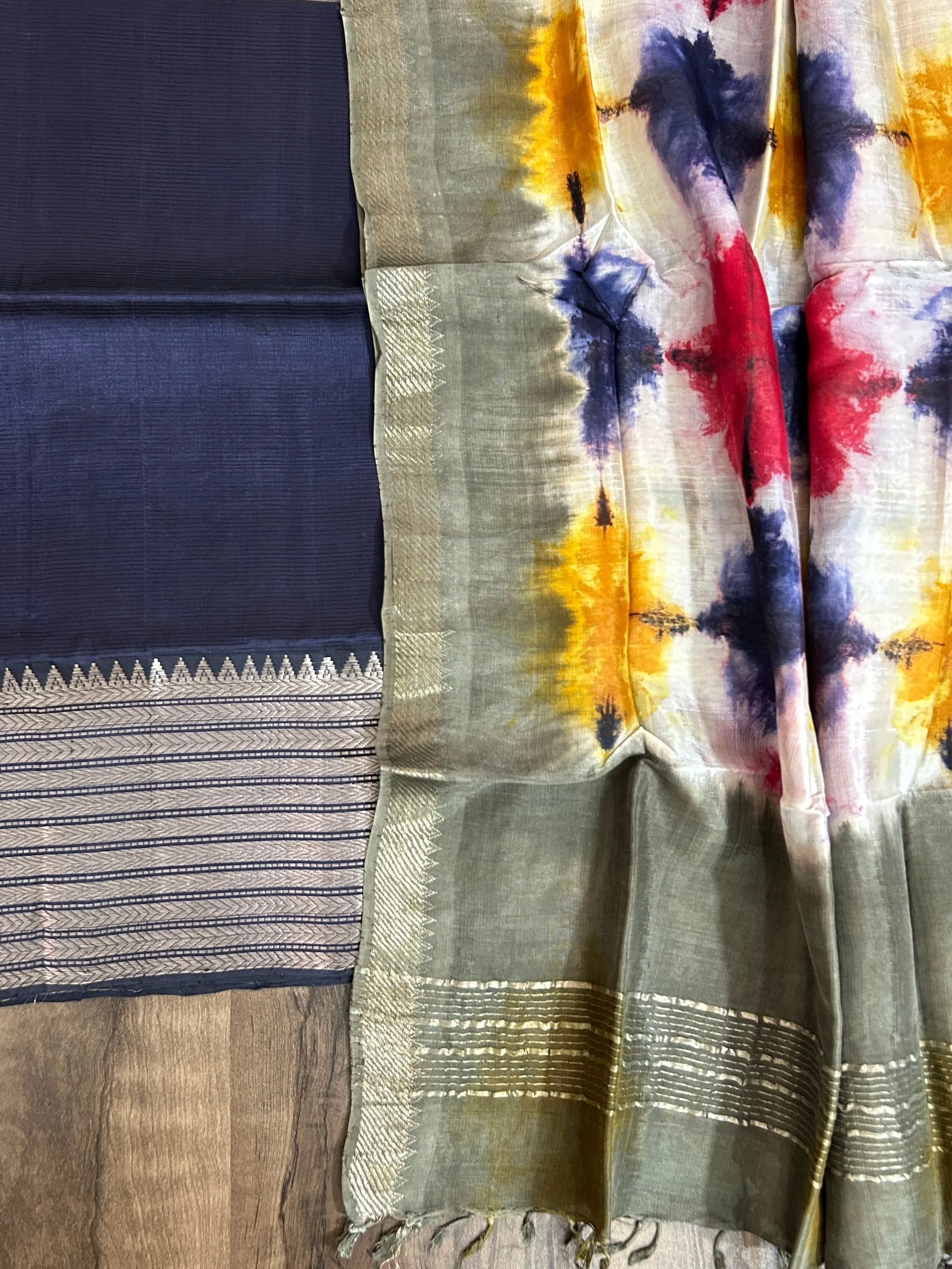 Mangalagiri Silk Cotton Dress Material with Shibori Dupatta #
