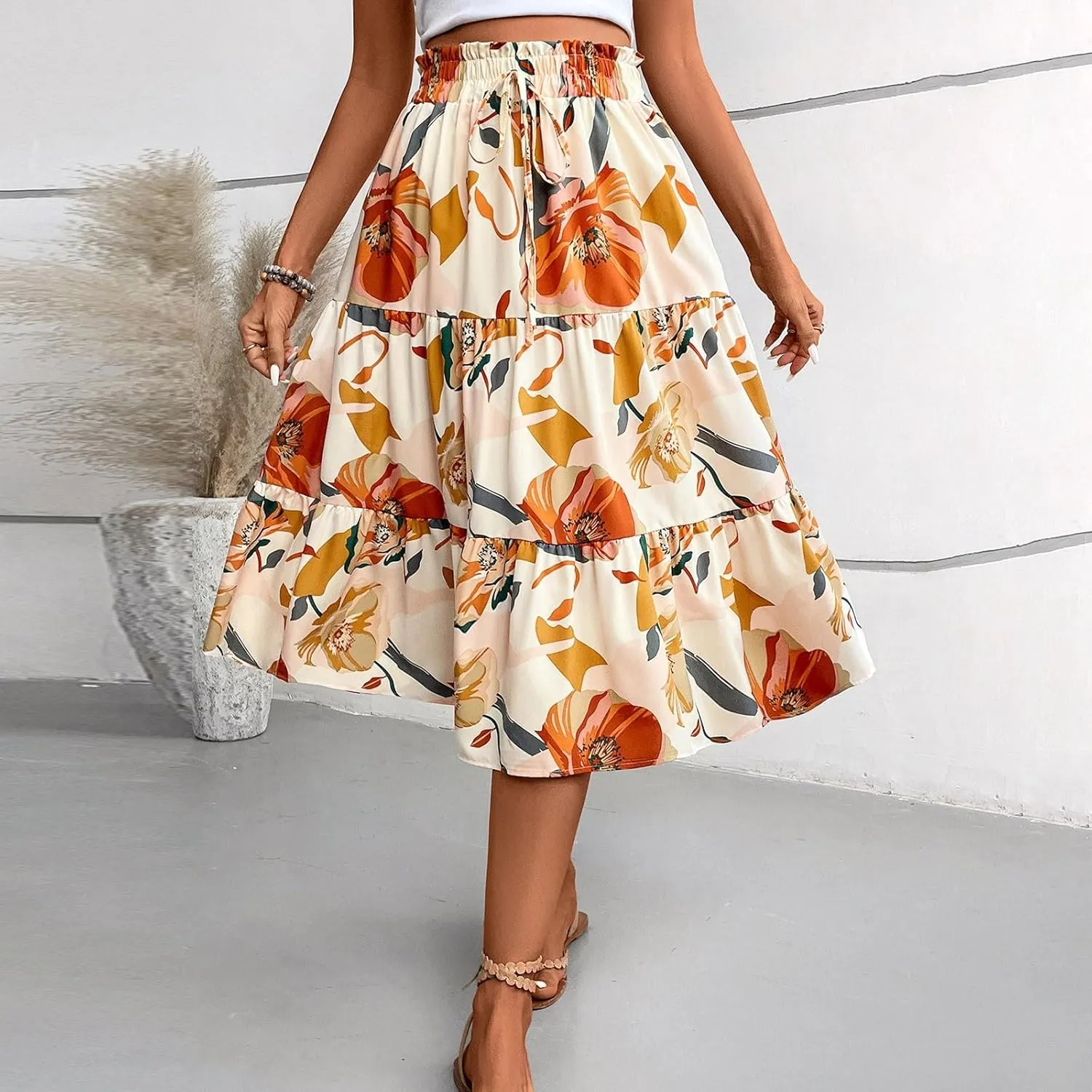 Maxi Skirt,Womens Boho Maxi Skirt with Pockets Elastic High Waisted Linen Summer Flowy Long Skirts for Women 2025