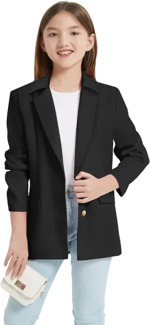 Mebius Girls Blazer Jacket with Inner Pocket Long Sleeve Notched Collar/Lapel Collar Open Front Casual Kids Blazers Suit