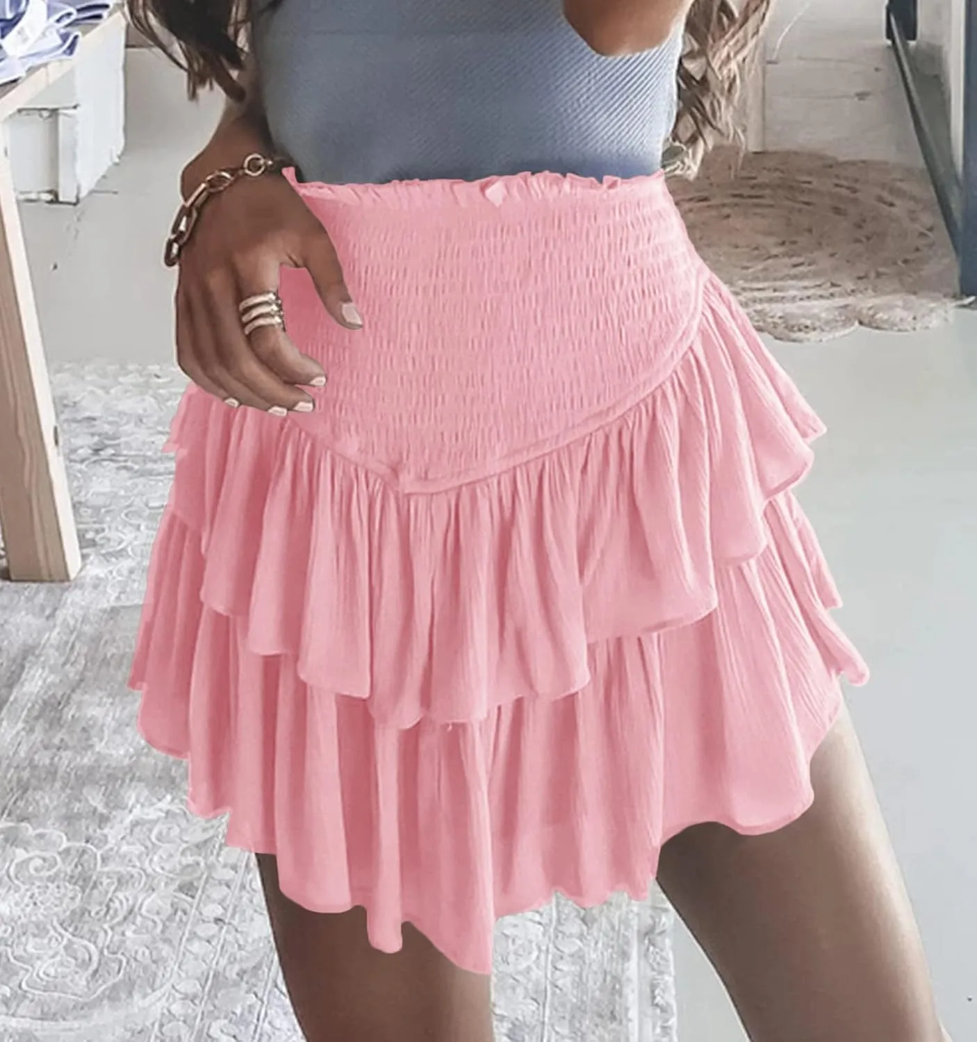 Meikulo Women Smocked Ruffle Mini Skirts Summer High Waisted Tiered Short Skirt with Shorts Underneath