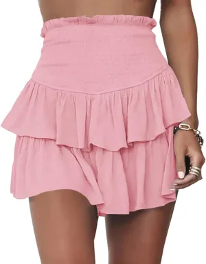 Meikulo Women Smocked Ruffle Mini Skirts Summer High Waisted Tiered Short Skirt with Shorts Underneath