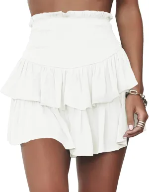 Meikulo Women Smocked Ruffle Mini Skirts Summer High Waisted Tiered Short Skirt with Shorts Underneath