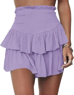 Meikulo Women Smocked Ruffle Mini Skirts Summer High Waisted Tiered Short Skirt with Shorts Underneath