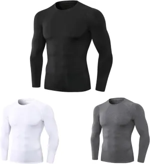 Men's Compression Shirts 3pcs Pack, Quick Dry Workout for Gym, Running, Yoga with Long Sleeve T Shirts, Tight Fit (XL) Black White Grey