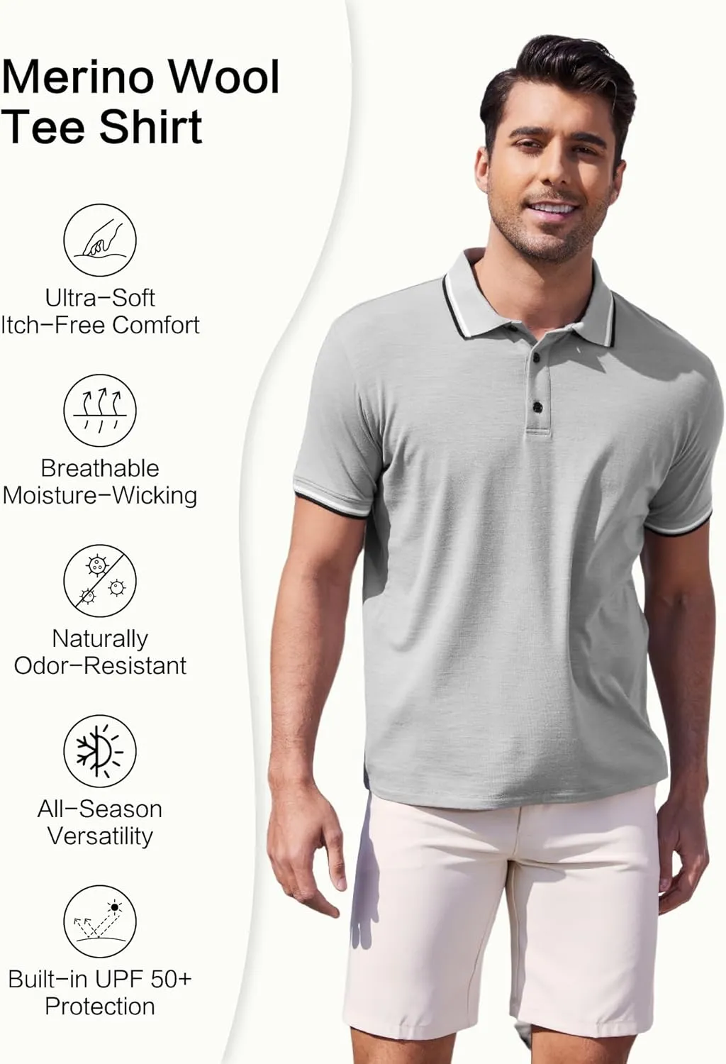 Merino Wool Polo Shirts for Men for Work Sport, Lightweight Breathable Moisture Wicking Mens Polo Shirt Short Sleeve