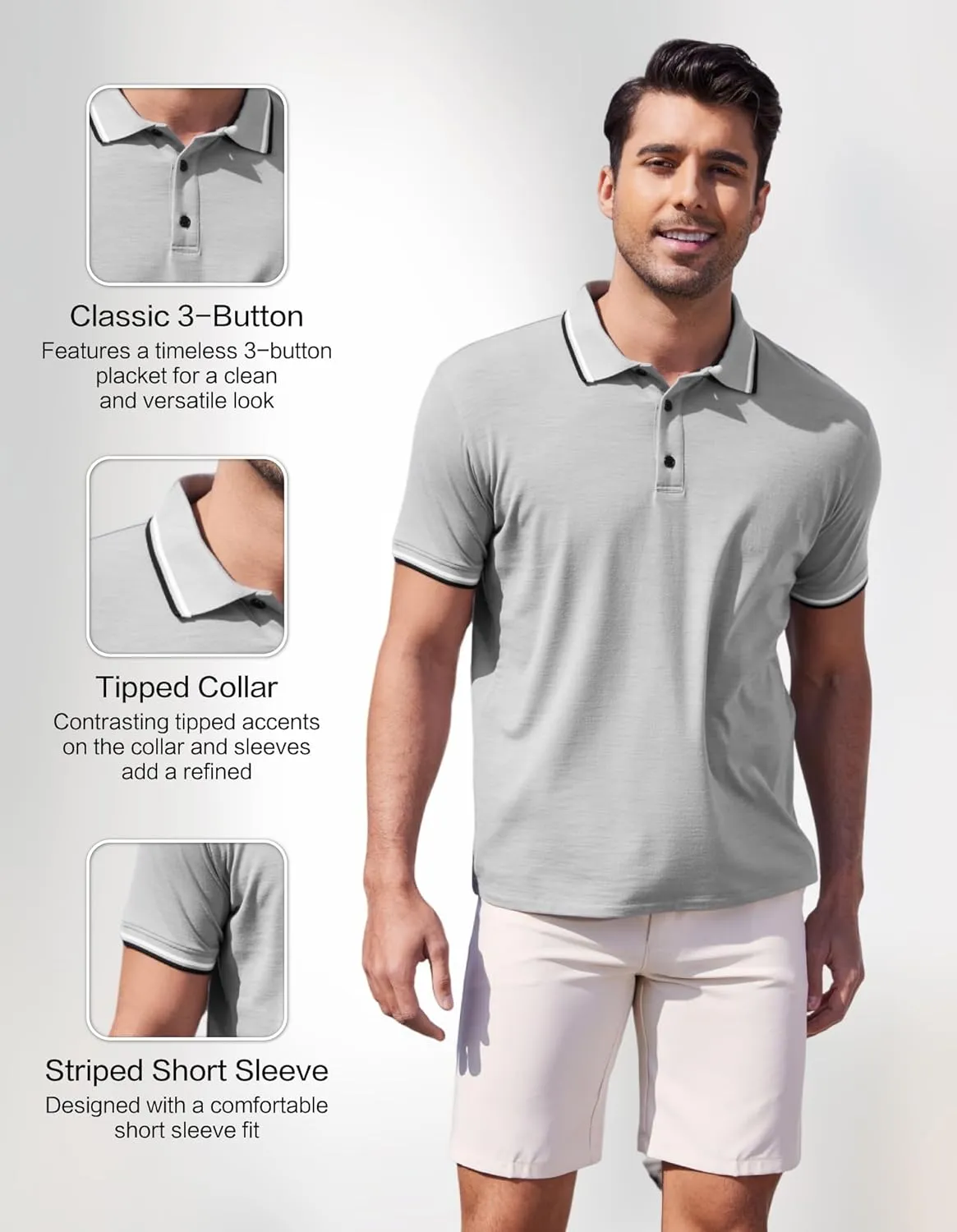 Merino Wool Polo Shirts for Men for Work Sport, Lightweight Breathable Moisture Wicking Mens Polo Shirt Short Sleeve