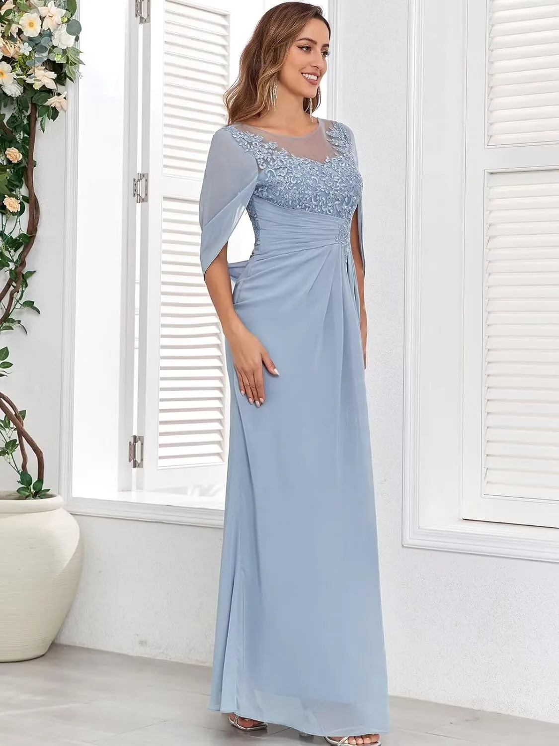 Mermaid Mother of The Bride Dresses for Wedding Scoop Neck Cape Sleeves Lace Formal Gowns for Women