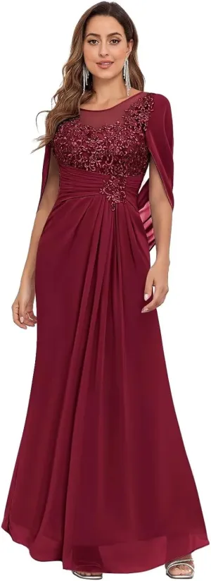 Mermaid Mother of The Bride Dresses for Wedding Scoop Neck Cape Sleeves Lace Formal Gowns for Women