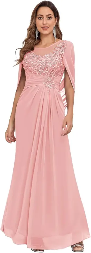 Mermaid Mother of The Bride Dresses for Wedding Scoop Neck Cape Sleeves Lace Formal Gowns for Women