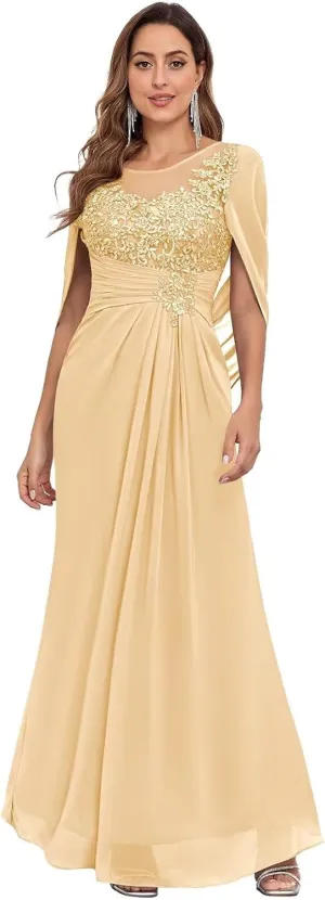 Mermaid Mother of The Bride Dresses for Wedding Scoop Neck Cape Sleeves Lace Formal Gowns for Women