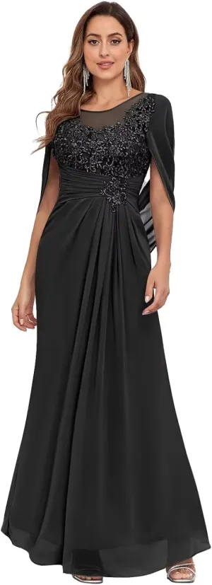 Mermaid Mother of The Bride Dresses for Wedding Scoop Neck Cape Sleeves Lace Formal Gowns for Women