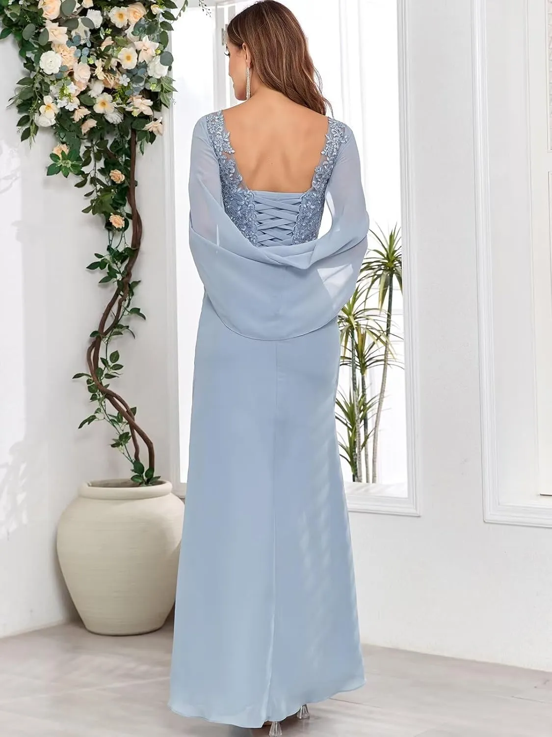 Mermaid Mother of The Bride Dresses for Wedding Scoop Neck Cape Sleeves Lace Formal Gowns for Women