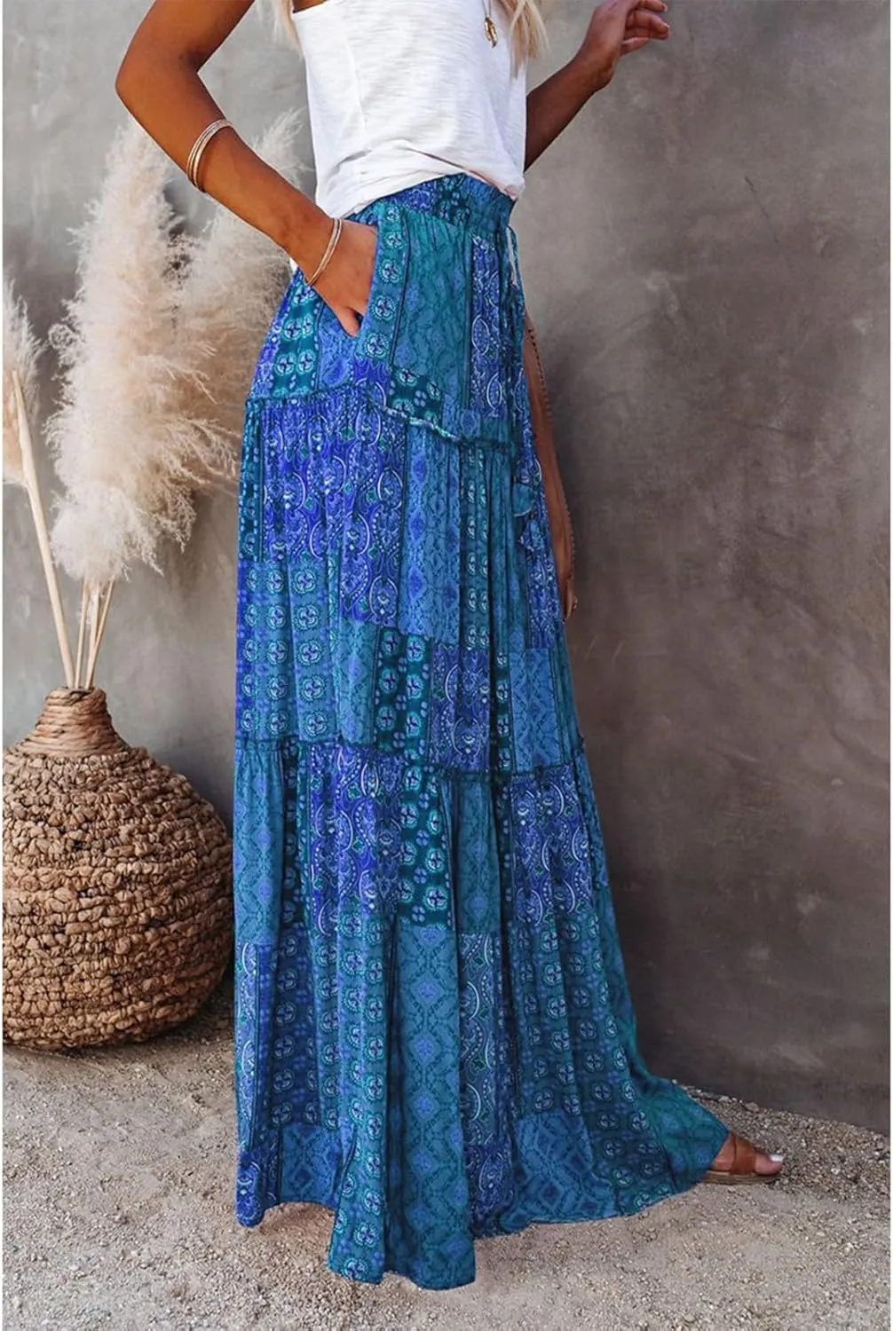 Midi Skirt,Elastic High Waist Drawstring Ruffle Hem Flowy Maxi Skirts for Women Trendy 2025 Summer Vacation Boho
