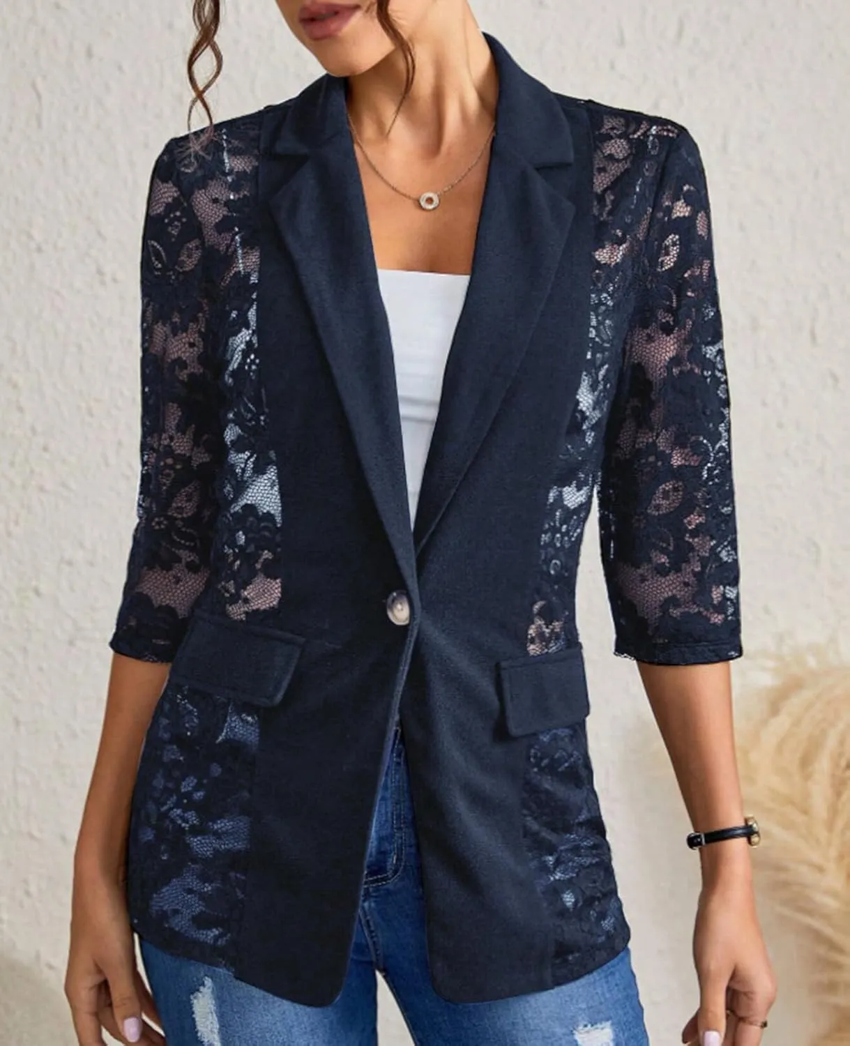 MINTLIMIT Women's Lace Blazer Open Front Button Down Sheer Mesh Blazer Elegant 3/4 Sleeve Casual Blazers Jacket