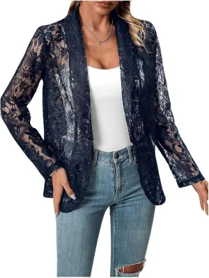 MINTLIMIT Women's Lace Blazer Open Front Button Down Sheer Mesh Blazer Elegant 3/4 Sleeve Casual Blazers Jacket
