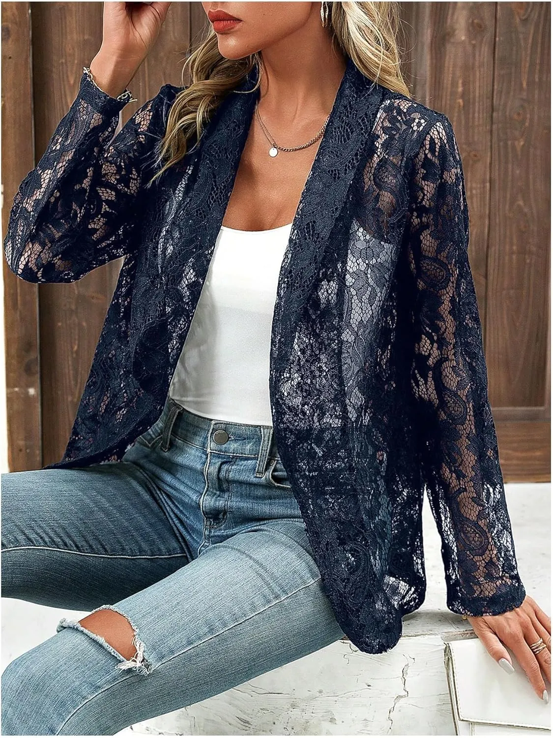 MINTLIMIT Women's Lace Blazer Open Front Button Down Sheer Mesh Blazer Elegant 3/4 Sleeve Casual Blazers Jacket