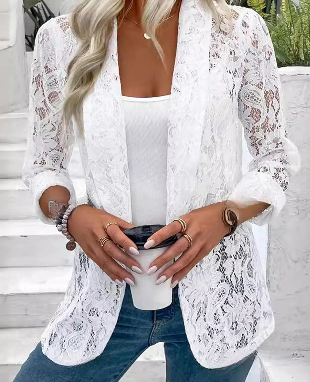 MINTLIMIT Women's Lace Blazer Open Front Button Down Sheer Mesh Blazer Elegant 3/4 Sleeve Casual Blazers Jacket