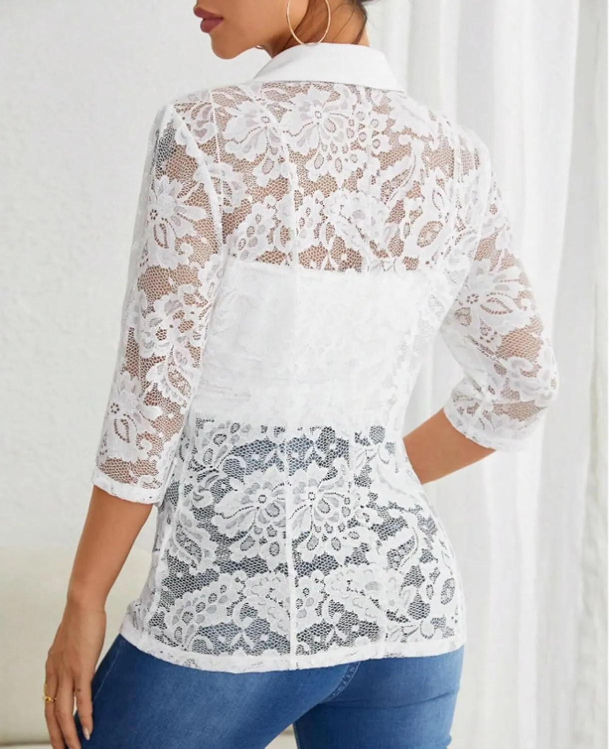 MINTLIMIT Women's Lace Blazer Open Front Button Down Sheer Mesh Blazer Elegant 3/4 Sleeve Casual Blazers Jacket