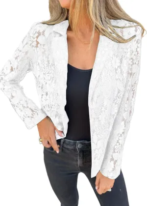 MINTLIMIT Women's Lace Blazer Open Front Button Down Sheer Mesh Blazer Elegant 3/4 Sleeve Casual Blazers Jacket