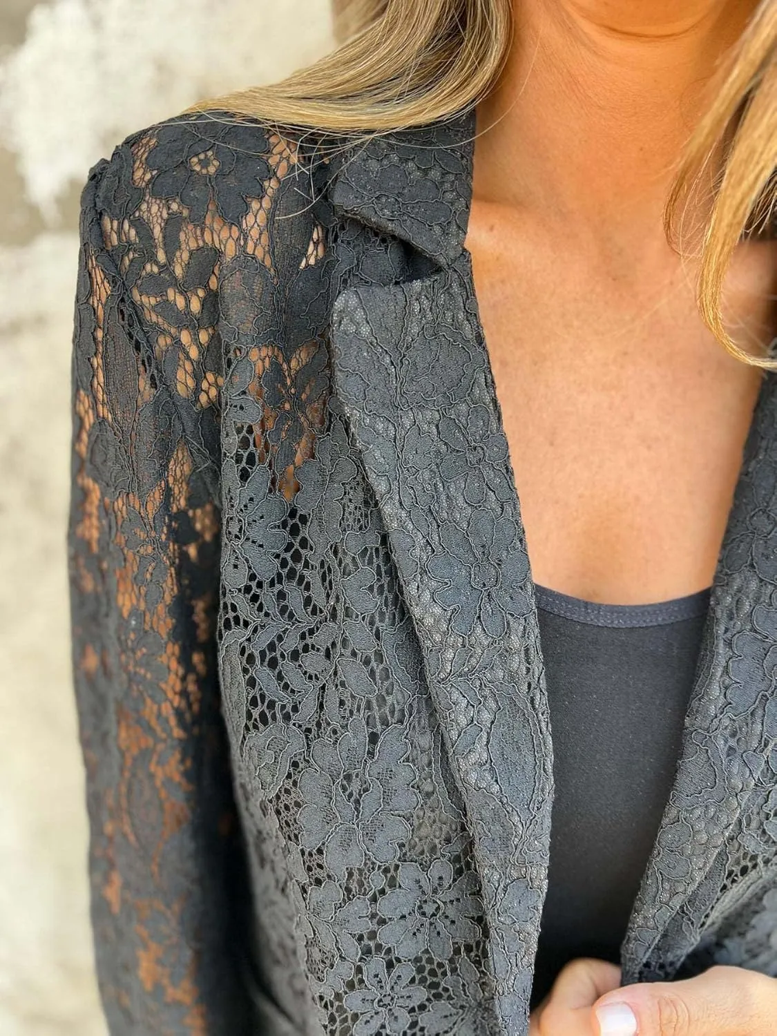 MINTLIMIT Women's Lace Blazer Open Front Button Down Sheer Mesh Blazer Elegant 3/4 Sleeve Casual Blazers Jacket