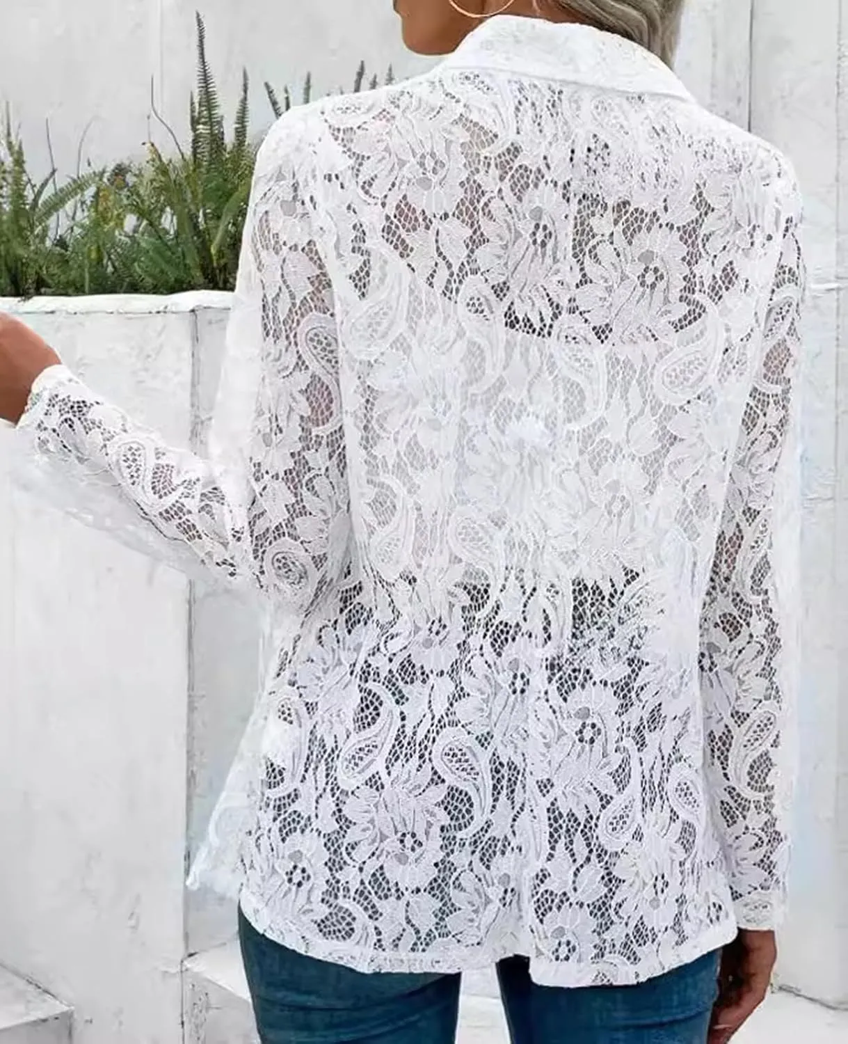 MINTLIMIT Women's Lace Blazer Open Front Button Down Sheer Mesh Blazer Elegant 3/4 Sleeve Casual Blazers Jacket
