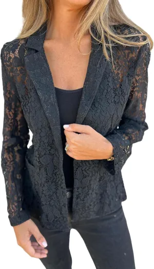 MINTLIMIT Women's Lace Blazer Open Front Button Down Sheer Mesh Blazer Elegant 3/4 Sleeve Casual Blazers Jacket