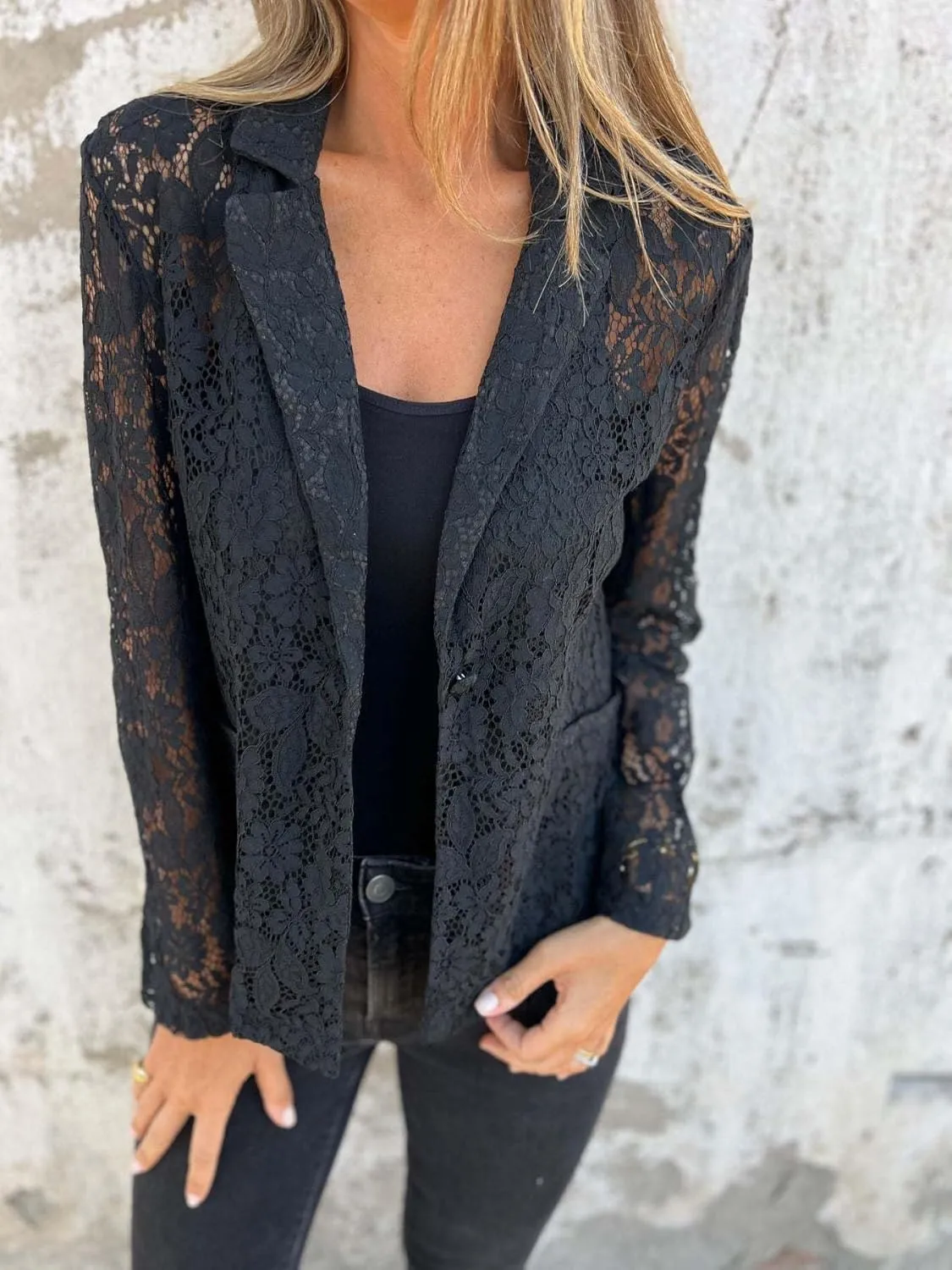 MINTLIMIT Women's Lace Blazer Open Front Button Down Sheer Mesh Blazer Elegant 3/4 Sleeve Casual Blazers Jacket