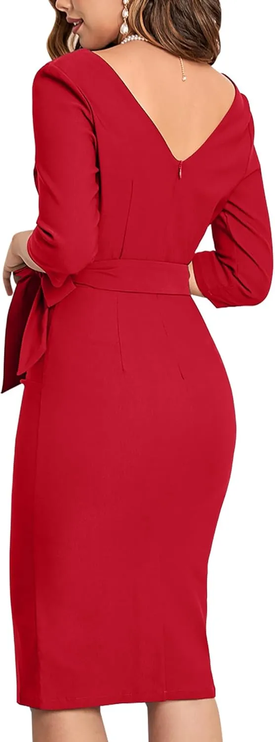 MUXXN Women's Vintage Faux Wrap V Neck 3/4 Sleeve Formal Classic Party Work Dress with Belt