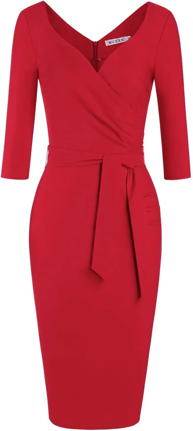 MUXXN Women's Vintage Faux Wrap V Neck 3/4 Sleeve Formal Classic Party Work Dress with Belt