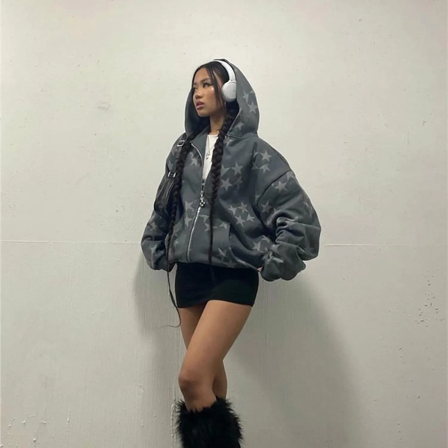 Newbgclo Women Zip Up Hoodies Y2k Vintage Stars Graphic Oversized Long Sleeve Sweatshirt E-Girl Aesthetic Jacket Streetwear