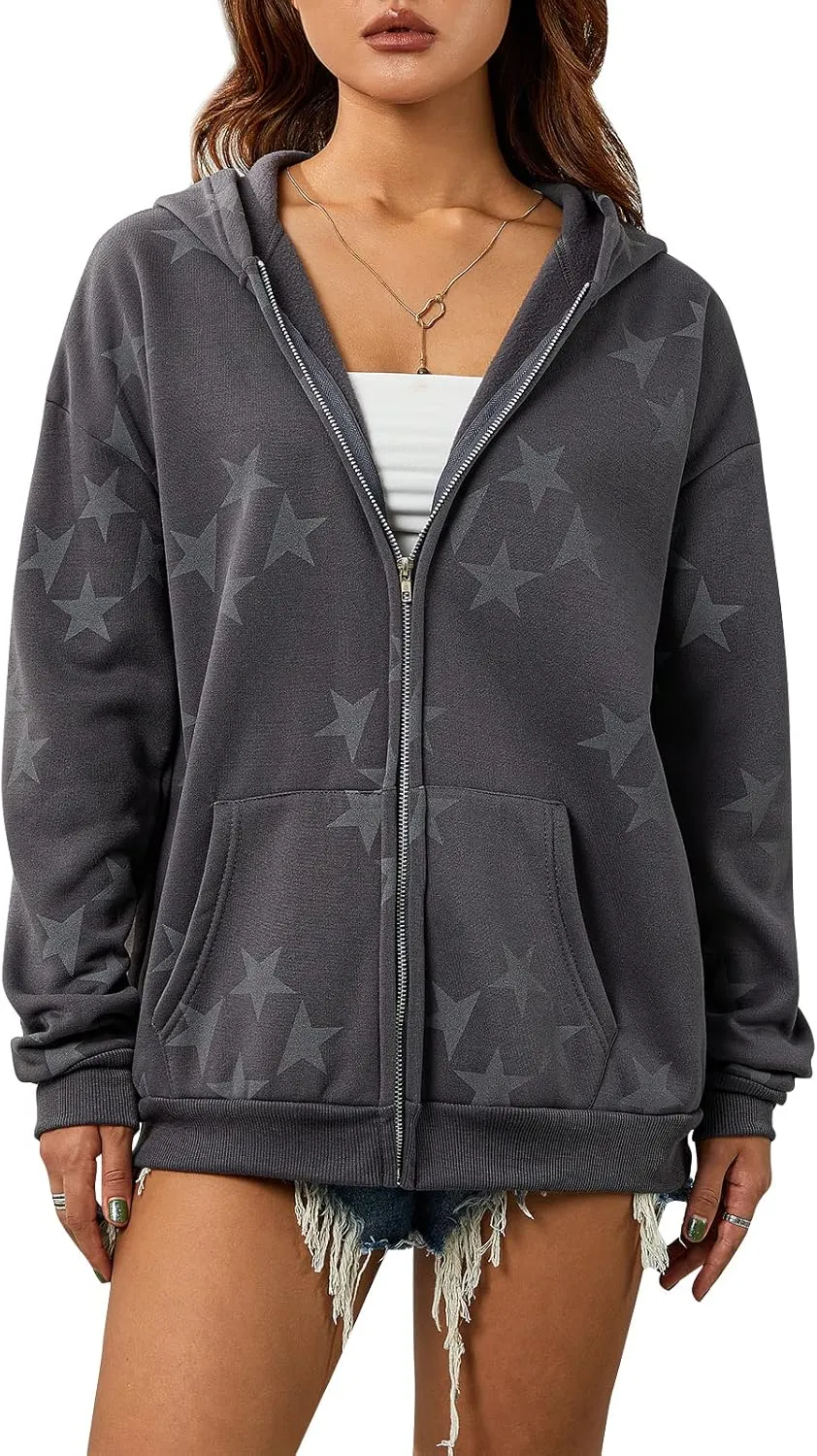 Newbgclo Women Zip Up Hoodies Y2k Vintage Stars Graphic Oversized Long Sleeve Sweatshirt E-Girl Aesthetic Jacket Streetwear